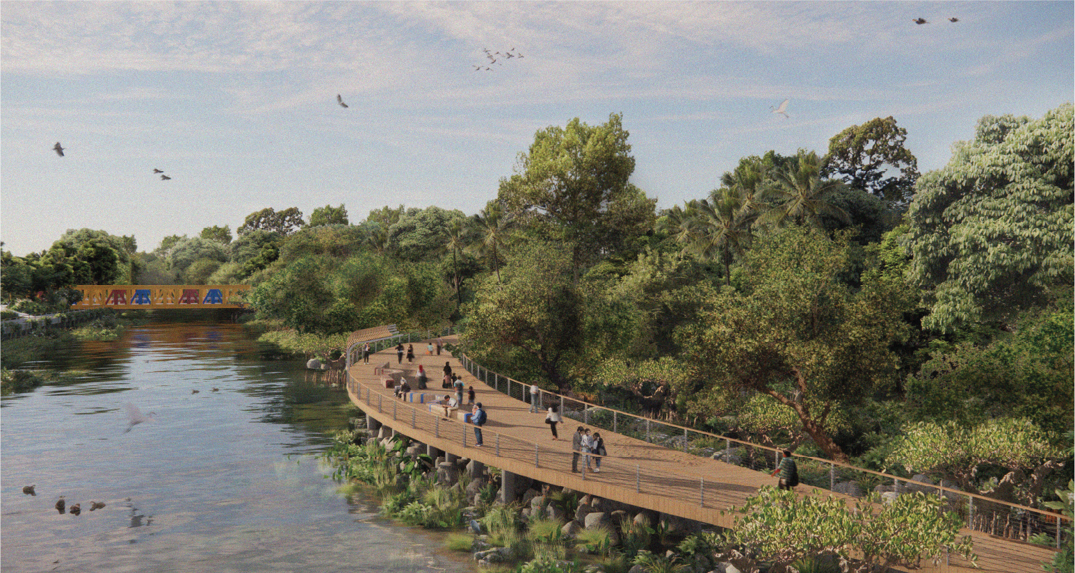 River scene with elevated boardwalk. People walk along the path, surrounded by lush trees. A bridge is visible in the distance.